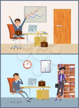 Businessman with woman client in man office room vector. Whiteboard with graphics and diagrams director talking on mobile phone by table with computer