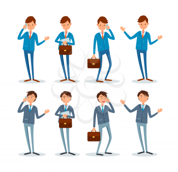 Business man with briefcase set of poses and emotions. Animated happy cartoon character in suit talking on telephone, making presentation or greeting