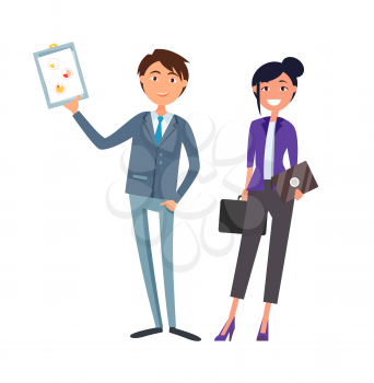 Man showing clipboard page with pie diagram and charts vector. Woman with briefcase and envelope. Leaders with strategic plan discussing business problems