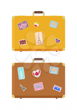 Luggage journey time to travel isolated icons vector. Baggage with stickers of Eiffel tower, Taj Mahal and Roman Colosseum. Berlin and Germany sights