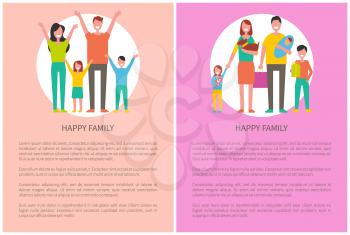 Happy family spending time together poster with text. Mother with pet on hands, father holding newborn toddler, son with present and daughter plays toy