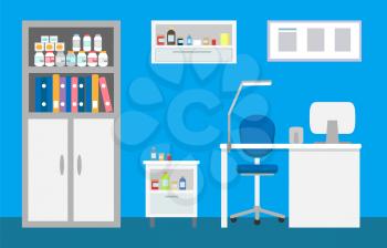 Veterinary clinic interior, animal hospital vet vector. Drawers and bookcase with files of patients and books, bottles with medications and treatments