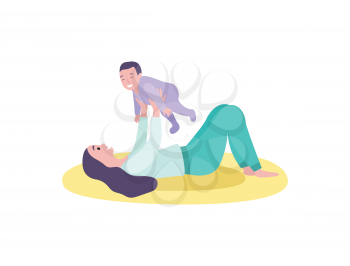 Woman playing with kid vector, mother and son flat style. Person laying on mat with kiddo wearing bodysuit, happy female holding baby laughing toddler