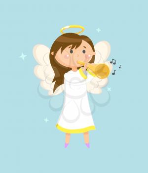Trumpeter on holiday vector, child girl angel with wings and halo holding trumpet and playing musical instrument. Character waking melodies and songs