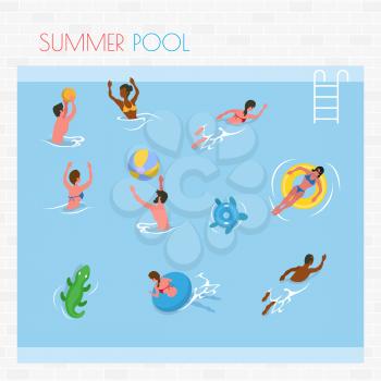 Summer pool, people splashing in water, man and woman swimming and playing with ball. Sunbathing female on rubber circle, aqua relax or leisure vector