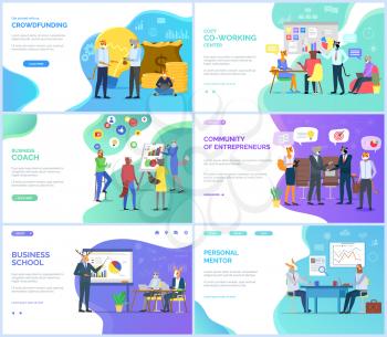 Community of entrepreneurs vector, business coach and school, crowdfunding hipster animals on meeting with partners. Personal mentor teacher website or webpage template, landing page flat style