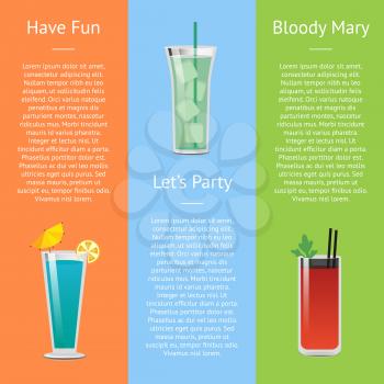 Let s party and have fun with Bloody Mary call with alcoholic beverages on different backgrounds. Vector with drinks decorated with small umbrella