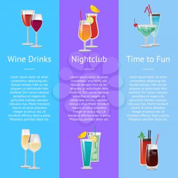 Time for fun with wine drinks at nightclub poster with icons of cocktail glasses with alcoholic beverages. Vector illustration with room for text content