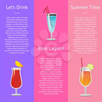 Lets drink blue lagoon summer time banner with cocktails decorated by umbrella, two straws and piece of lemon vector illustration posters with text