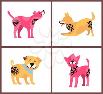 Friendly dogs in playful mood that have bright fur of yellow and pink colors and black spots isolated vector illustration on white background.