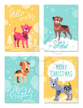 Hello winter, let it snow, merry Christmas, posters dedicated to great holiday of year, images of dogs vector illustration isolated on yellow and blue