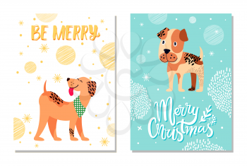 Merry Christmas festive postcards with snowflakes and weimaraner and boxer dogs as symbols of 2018 year isolated cartoon vector illustrations.