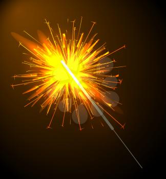 Sparkler on stick poster, Bengal light fired up, symbolic object during celebration of New Year, vector illustration isolated on black and golden