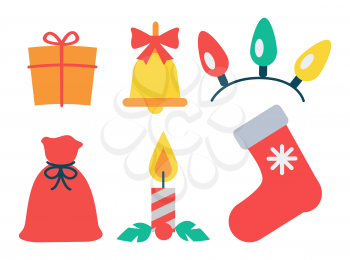 Christmas icon collection, present and bell with red bow, garlands and bag, candle with mistletoe, sock and snowflake isolated on vector illustration