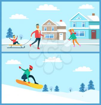 Snowboarder doing winter sport in slopes, father with kid on sled, mother with ball of snow, buildings and trees isolated on vector illustration