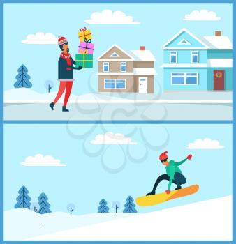 Man standing with gift and snowboarder jumping in air on board, nature in winter, snow and trees, building and wreath on door, vector illustration