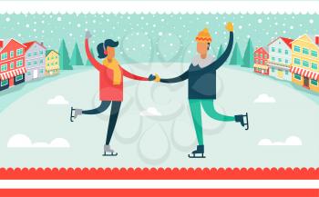 Man and woman ice-skating outdoors, snowflakes falling on buildings roofs and evergreen trees, nature filled with tranquility vector illustration