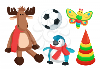 Playthings for kids from Santa Claus created at factory, reindeer with scarf, penguin and flying butterfly, ball and cone vector illustration
