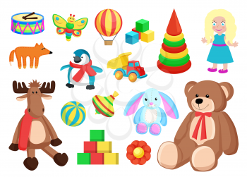 Toys collection of Santa Claus factory, drums and butterfly, fox and penguin, flower and truck, bunny and teddy bear isolated on vector illustration