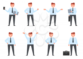 Smiling businessman collection of icons. Vector illustration of man wearing light blue shirt and dark grey suit pants standing in different positions