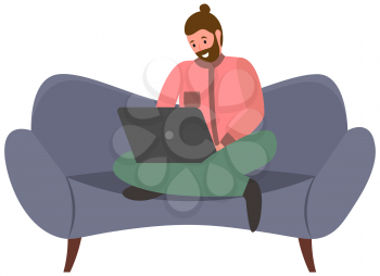Distance learning, freelance and internet entertainment. Man sitting with laptop on couch at home. Remote work, online home freelancing, programming. Online profession, internet surfing concept