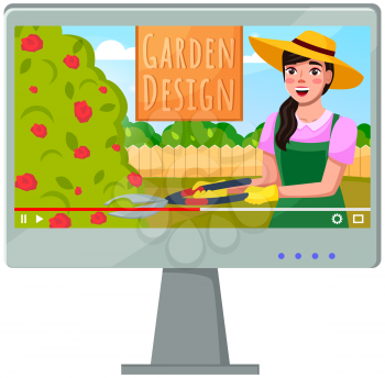 Video blog about grden design. Woman works near tree, engaged gardening, young gardener, cut greenery, design. Happy worker tools, pruning scissors street, bush, vigorous activity video on monitor