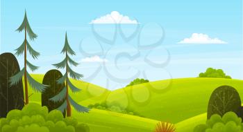 Natural landscape background with hills, clear blue sky and clouds, green mounds overgrown with grass, trees and bushes in forest. Beautiful unspoilt nature tourist area, summertime, adventure time