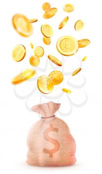 Large cloth bag with dollar symbol. Sack with coins as symbol of wealth and success. Container with money isolated on white background. Income and high earnings in cash. Dollar coins fall into bag