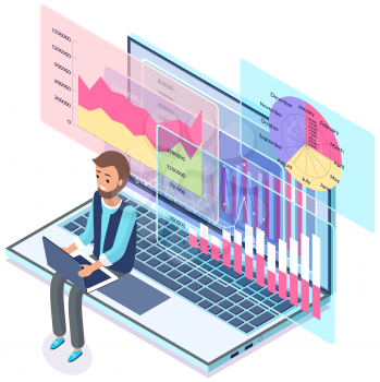 Computer with calculator and report, financial chart. Businessman analyzes statistical indicators, data on monitor. Man studies infographics and project financing. Business analytics data accounting