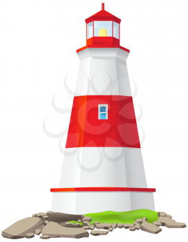 Big red and white lighthouse standing on stones isolated on white background. Large construction of water coast nautical equipment standing on shore. Large lantern illuminates way for ships at night