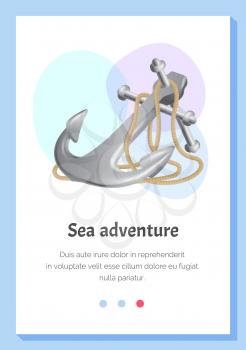 Sea adventures and tourism object. Iron anchor with long rope for boat braking, maritime concept. Equipment for vessel on journey. Metal facility holding ship near coast. Huge steel hook with cord