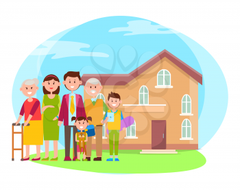 Family and building poster, grandfather and grandmother, pregnant woman and husband, kid with cat and teenager with skateboard vector illustration