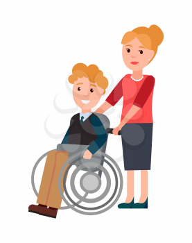 Disabled man and woman care, people with good emotions, gentleman sitting in wheelchair and smiling, vector illustration isolated on white background
