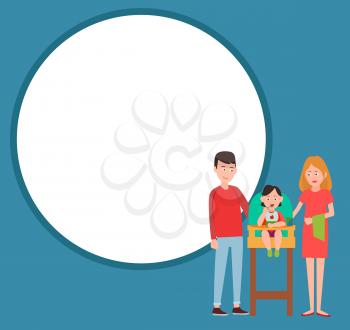 Infant child eating from bowl in baby chair, mother and father proud of him vector isolated on background of round frame for text, happy parenthood concept