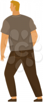Young man in casual clothing standing looking back. Male character looks at something behind him. Back view of guy, vector illustration isolated on white background. Person wearing pants and t-shirt
