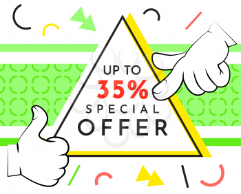 Big sale banner. Sale and discounts. White text and hand on black background. New arrival, big sale and special offer. Black friday up to. Big discount with human hand showing symbol ok thumb up