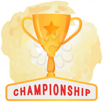 Golden trophy cup, award to winner on white background. Vector illustration of prize with two grips. Glossy award, first place, winner symbol, championship element of goal, first place, trophy