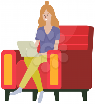 Distance learning, freelance and internet entertainment. Woman working with laptop home. Remote work, typing on computer keyboard, online home freelancing. Girl looking screen. Chatting, communication