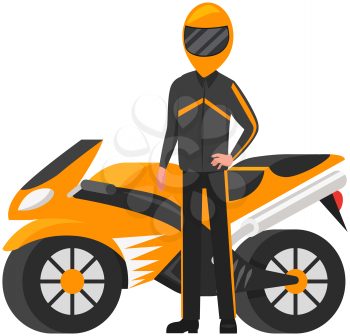 Modern super sports bike. Motorcyclist in helmet and protective suit stands near motorcycle. Man engaged in extreme sports, bike riding. Biker next to sports motorcycle isolated on white background