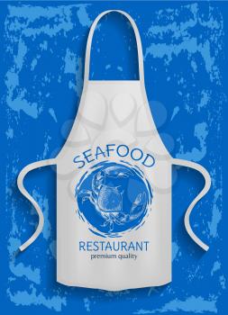 Protective garment for cooking. Safety clothing for restaurant cookery. Apparel for cooking seafood. Apron with sea food restaurant logo on blue background. Apron for protection of clothes in kitchen