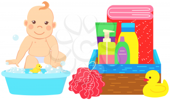Baby sitting in basin of foam near set of bathroom items in box, bath accessories for cleaning body. Supplies for children, baby bathing. Soap, shower gel, shampoo, duck toy and sponge for baby bath