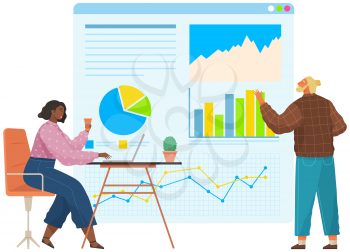 Project management and financial report concept. Consulting team work, business analysis planning. Boss receives presentation from manager. Man explains statistics graphs and charts, analyzes project