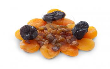 Apricots prunes and raisins on a white