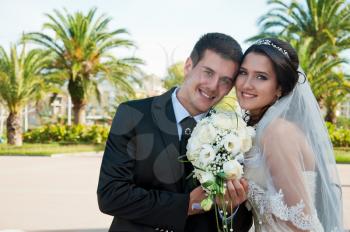 bridegroom and bride on background of the green palms