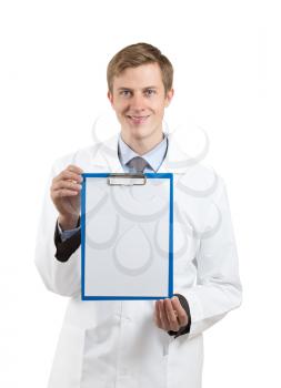 doctor  holding a blank clipboard isolated on white background