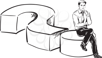 Conceptual vector sketch of a young businessman sitting thinking on a question mark as he tries to fathom out a solution to a business problem or apply his imagination to creative innovations
