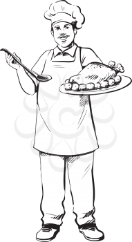 Cook or chef wearing an apron and toque carrying a roast turkey or chicken and potatoes on a platter with a friendly smile, black and white hand-drawn vector illustration