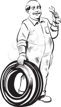 Friendly mature male mechanic in dirty overalls holding a spanner and tyre, black and white hand-drawn vector illustration