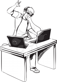 Black and white hand drawn sketch of a groovy young man listening to music on headphones connected to two laptops as he accesses his online downloaded recordings and tunes