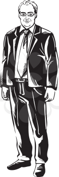 Senior businessman wearing glasses and a smart suit standing with his arms at his side, black and white hand-drawn vector illustration